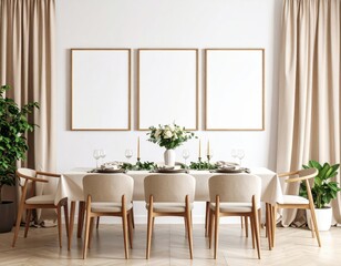 Elegant dining room with blank frames floral centerpiece and neutral tones (1)