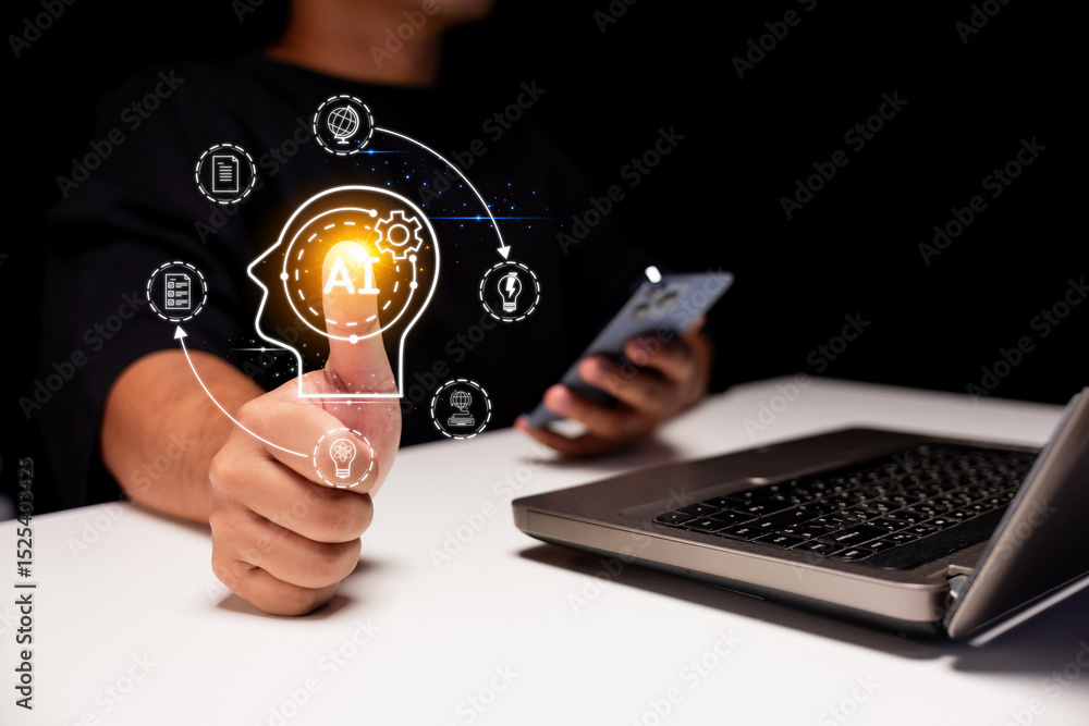 Poster a person interacts with artificial intelligence technology using a smartphone and laptop, with digit