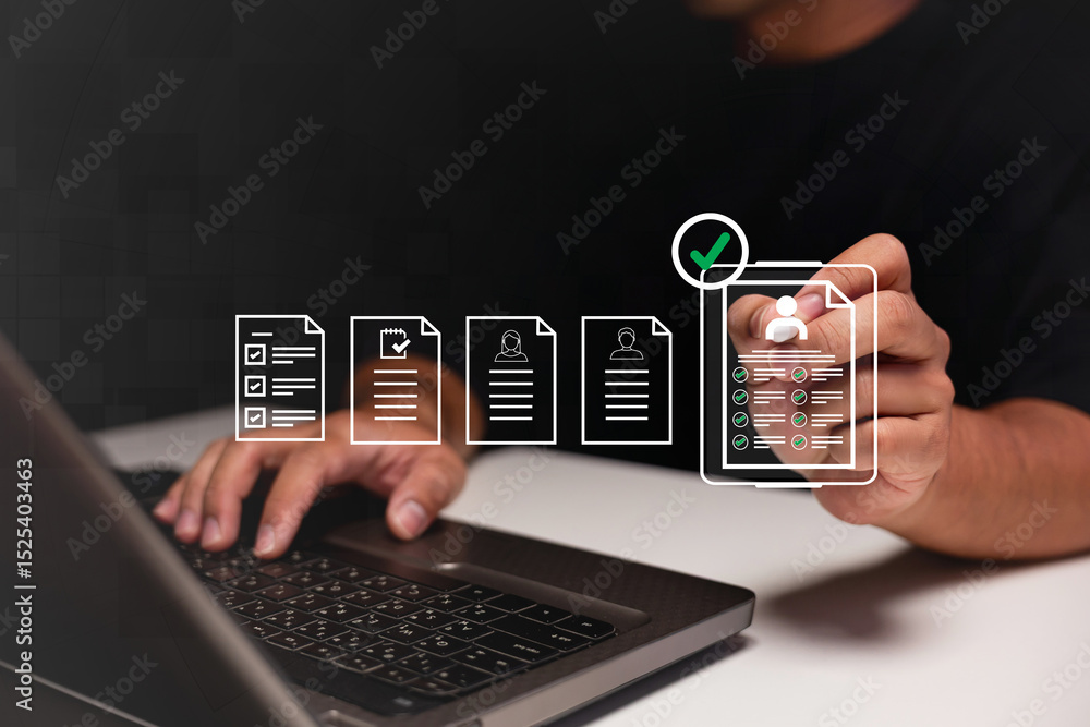 Poster a person interacts with a laptop, selecting digital documents with a virtual checkmark, symbolizing 