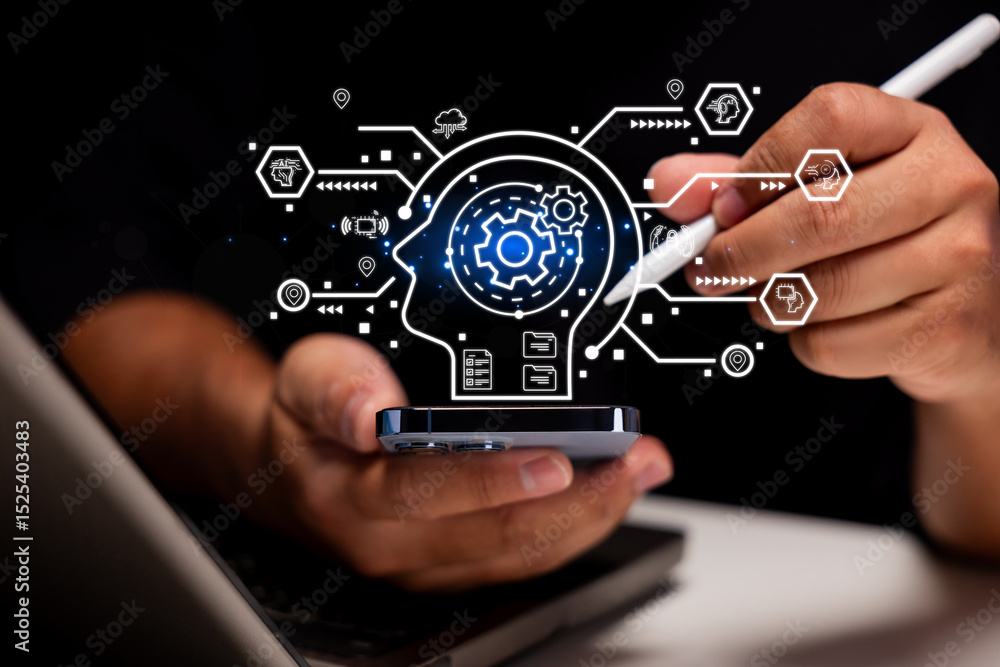 Poster a person uses a smartphone and stylus with a digital artificial intelligence interface overlay.