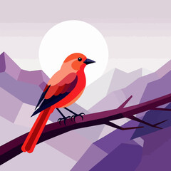 Scarlet Tanager Bird Art-Geometric Mountain Landscape-Vibrant Bird Illustration on a Branch-Colorful Nature Scene with Full Moon-Modern Artistic Bird Depiction