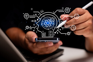 A person uses a smartphone and stylus with a digital artificial intelligence interface overlay.