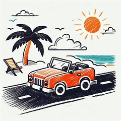 Vintage convertible car driving along beach road under sunny sky  