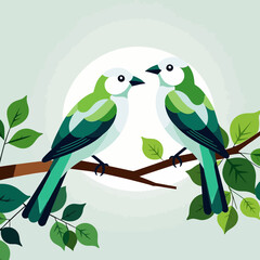 Fototapeta premium Two Green Birds on a Branch Vector Illustration- Whimsical Bird Art for Nature Lovers- Peaceful Birdwatching Graphic Design- Springtime Bird Theme Image