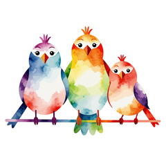 Naklejka premium Watercolor Birds on a Branch-Vibrant Colorful Bird Illustration-Cute Bird Family Artwork-Bird Painting-Nature Inspired Art-Ideal for Kids Room Decor