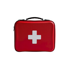 Obraz premium Red first aid kit with white cross symbol for emergency medical supplies and health care assistance