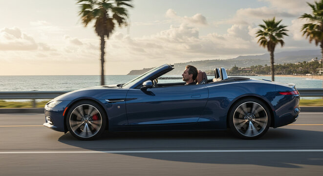 Modern convertible car driving along coastal road with palm trees  