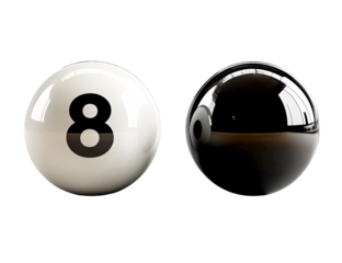 Pair of eight ball billiard balls, white and black, transparent background, studio shot, 3D rendering, glossy surface, number eight, contrasting colors, graphic