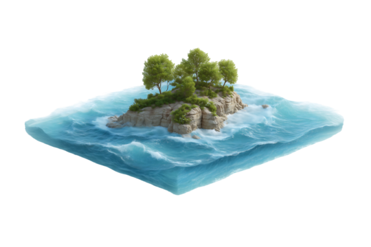 Isometric view of a small island with trees surrounded by ocean waves