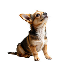 Obraz premium Cute small dog with fluffy fur sitting gracefully and looking curiously at the camera in bright light setting