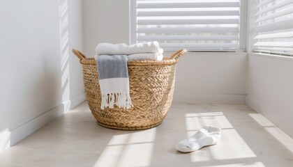 Laundry basket filled with towels in a bright, sunlit room