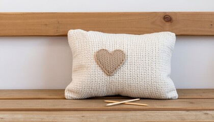 Knitted pillow with a beige heart design on a wooden bench
