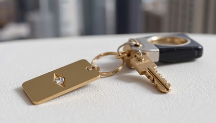 Gold keychain with a diamond-studded tag and key on a sleek surface