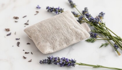 Lavender sachet with dried flowers on a marble surface