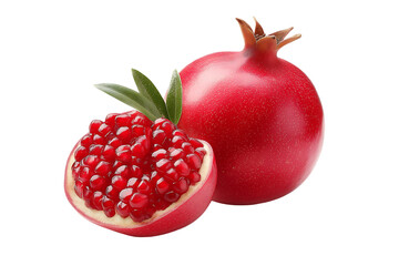 A juicy red pomegranate sliced open revealing its vibrant seeds next to a whole fruit and green leaves