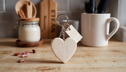 Heart-shaped keychain with a tag on a wooden kitchen surface
