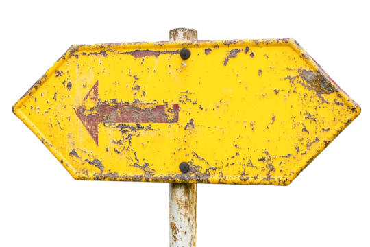 Rusty yellow metal arrow sign with chipped paint, transparent background, pointing left, outdoors, weathered texture - Powered by Adobe