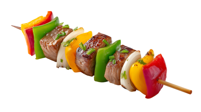 Delicious grilled beef and vegetable skewers on a wooden stick