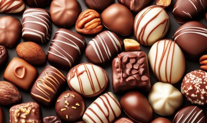 Assorted chocolates, close-up, dark background, sweet treats, food photography, dessert