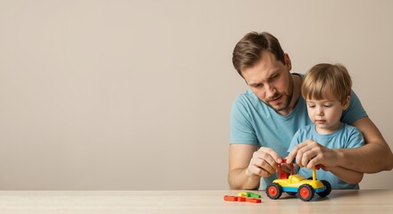 Obraz premium Father and son playing together with toy car at home 
