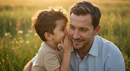 Fototapeta premium Father and son sharing a secret while sitting in a sunny field 