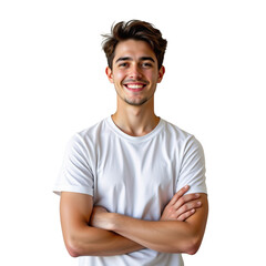 Obraz premium Young man smiling confidently with casual attire and relaxed posture against a plain background