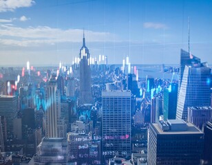 City skyline overlaid with stock market charts