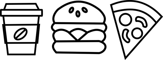 Fast food icons set - coffee cup, burger, pizza slice - simple line vector illustration