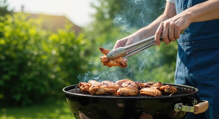 Fototapeta premium Man grilling chicken on barbecue in sunny backyard during summer 