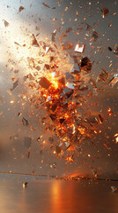 Abstract digital art featuring shattered glass and metallic shards reflecting light. Dynamic explosive effect with sharp fragments and glowing reflections in a futuristic, high-energy composition.

