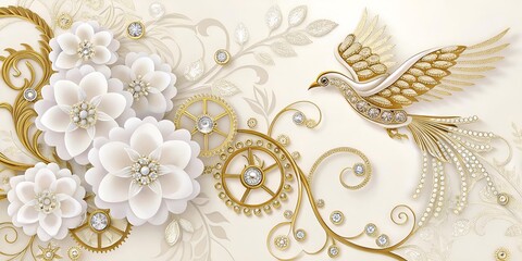 Luxurious Steampunk Floral Design: Elegant Gold and White Flowers Intertwined with Intricate Gears, Sparkling Diamonds, and a Jewel-Embellished Hummingbird, Creating a Gracious Mechanical Botanical .