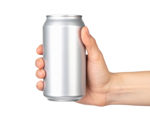 Fresh cold canned drink hand isolated on transparent background