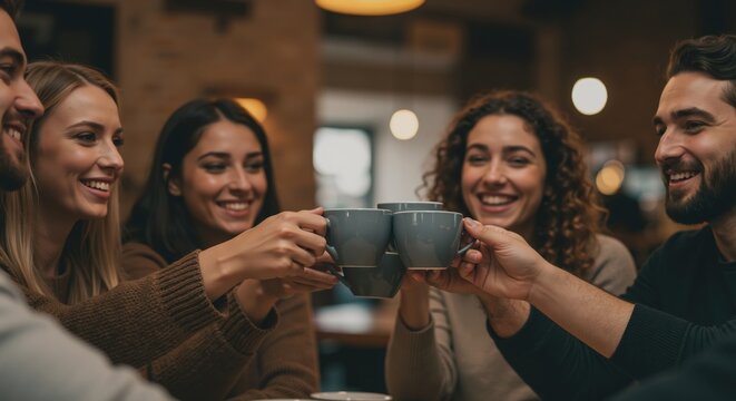 Group of friends toasting with coffee cups in cozy cafe setting  