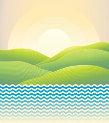 Obraz premium Hilly landscape, with green hills and a body of water, sunrise sun above the horizon. Vector illustration.