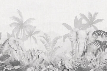 Retro Nature Wall Mural: Sepia Tone Leaves & Palm Trees Background Design © csinie1