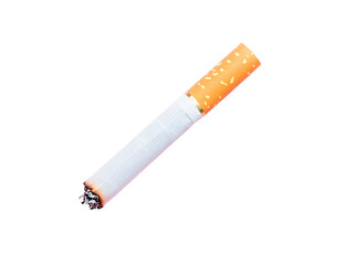Close-up of a partially smoked cigarette with transparent background, isolated on white, studio shot, showing ash and filter.