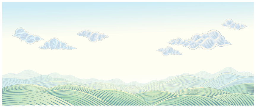 Hilly landscape drawn in an engrving style, with a chain of hills and mountain hills, and clouds, delicate and light tones color. Vector illustration.