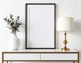 Elegant Interior Mockup Black Frame White Vase and Golden Lamp on Modern Console Table