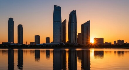 Fototapeta premium Skyscrapers shimmer at dawn waters embrace