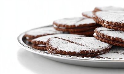 Chocolate sandwich cookies on silver tray, white background; dessert food photography for recipe websites