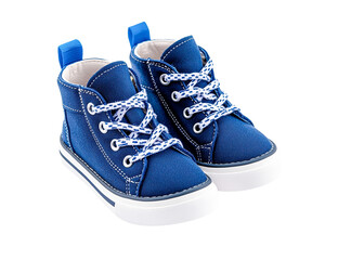 Adorable baby boy's blue canvas high-top sneakers with white laces, studio shot, transparent background, perfect for e-commerce product display.