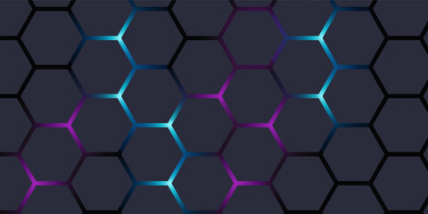 Dark gray 3D hexagonal technology vector abstract background. Blue and pink energy flashes under hexagon in modern technology futuristic background vector illustration.