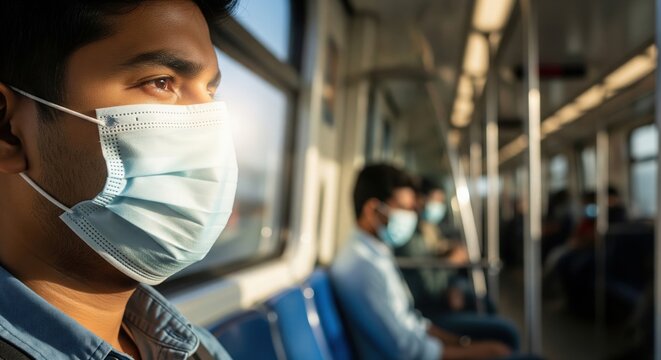 Masked Passenger in Indian Train or Bus | Focused Portrait | Public Transport Safety COVID