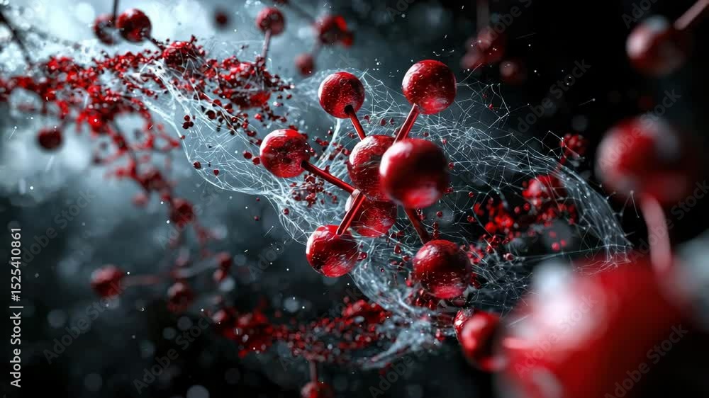 Poster A dynamic visualization of red molecular structures connected by web-like filaments on a blurred background.
