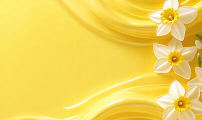 Daffodils on yellow flowing fabric background, spring design