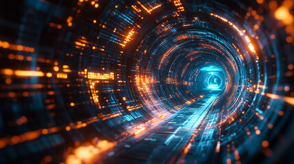 Abstract metaverse portal opening within a glowing digital grid. Futuristic neon colors and dynamic shapes symbolize virtual reality gateways and immersive digital worlds. Caption space on the side.


