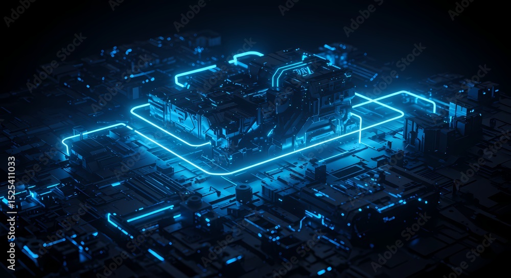Poster abstract digital circuitry glowing neon lines and complex technology