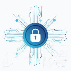 Cyber security concept, digital lock, data protection, network security, online security. A blue padlock icon is centrally located within a circular design element.