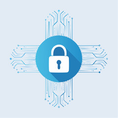 Cyber security concept with a blue padlock icon in a digital circuit background.