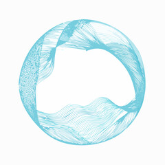 Abstract light blue round frame on white background. Wavy lines, airy aesthetic
